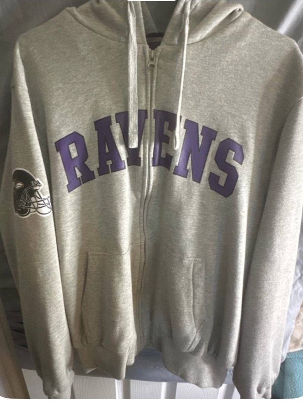 NFL Gray Zip-Up Sweater with Purple RAVENS Lettering